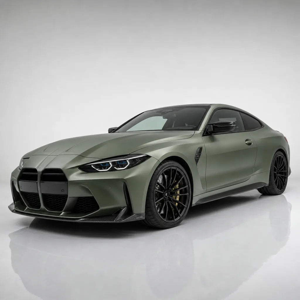 Khaki Green satin colored PPF wrapped on a BMW M4 | Veloro