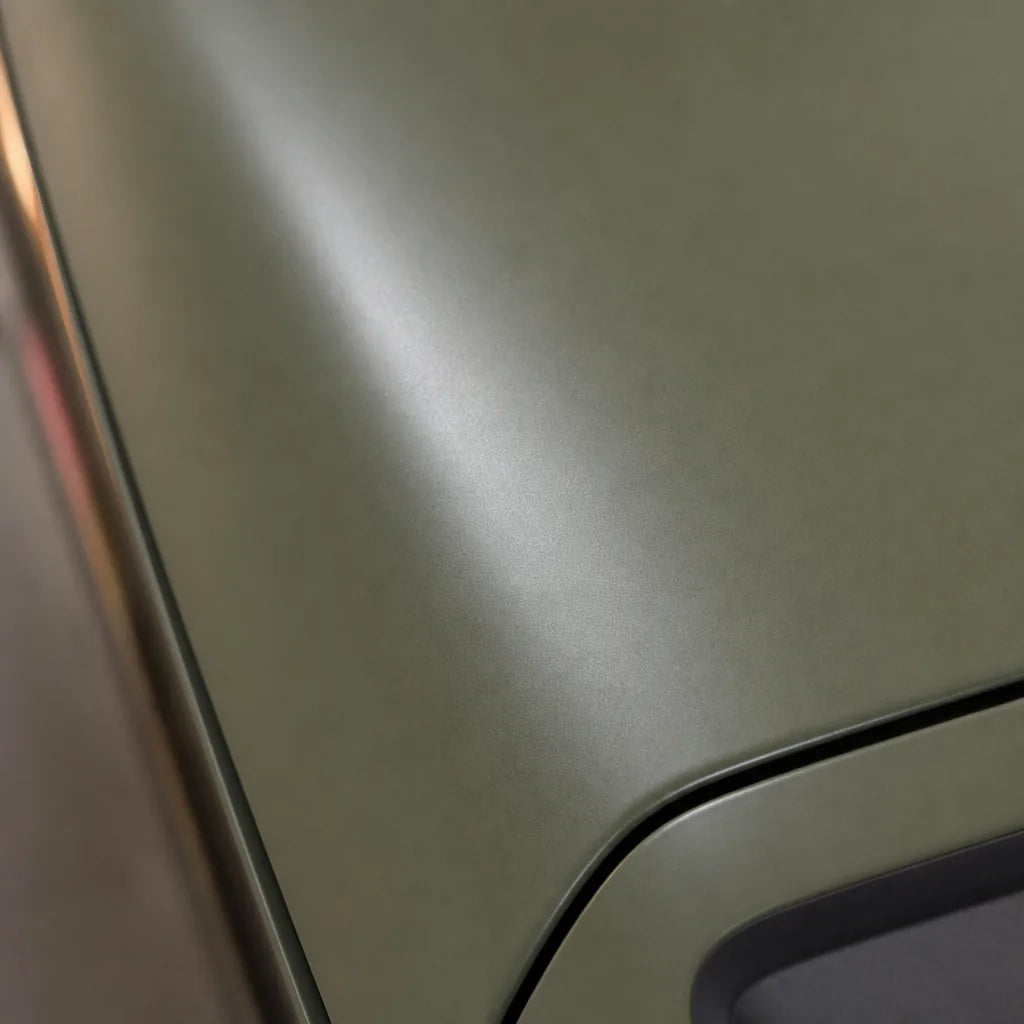 Close-up of Khaki Green satin colored PPF surface texture | Veloro