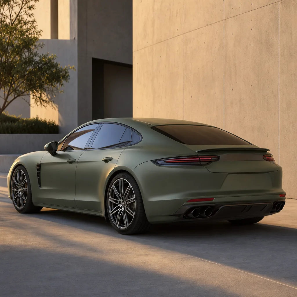 Luxury car wrapped in Khaki Green satin colored PPF at golden hour | Veloro