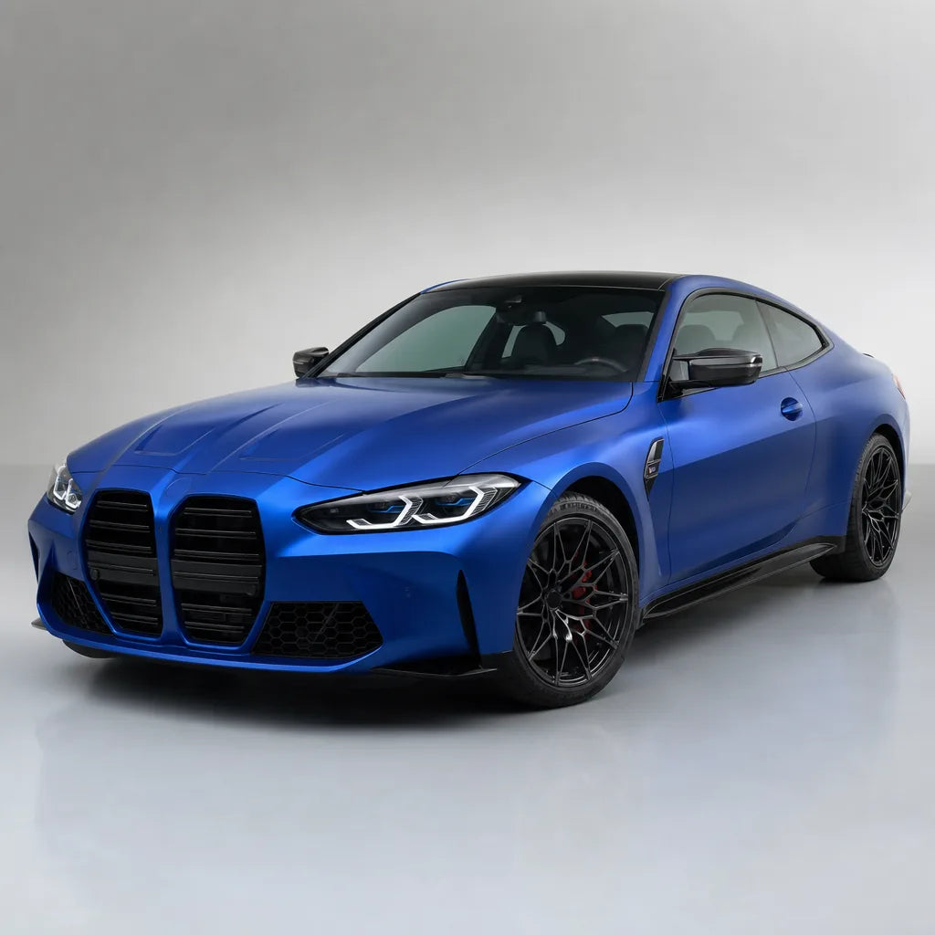 Liquid Metallic Azure Blue satin colored PPF wrapped on a BMW M4 | Veloro