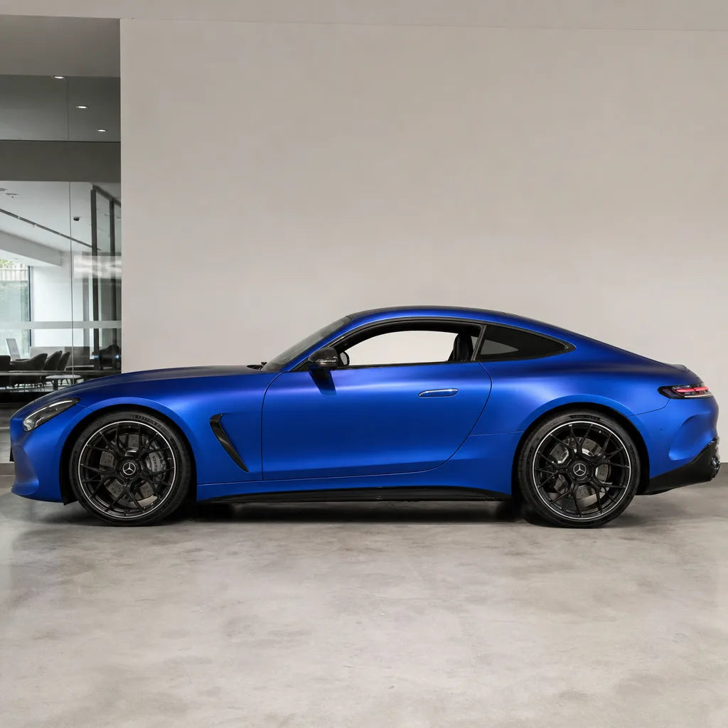 Liquid Metallic Azure Blue satin colored PPF wrapped on a Mercedes-AMG GT side profile | Veloro
