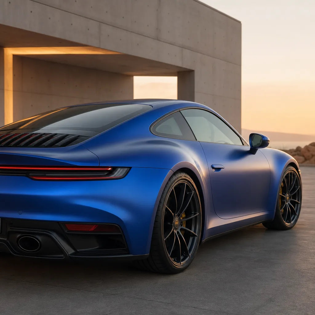 Luxury car wrapped in Liquid Metallic Azure Blue satin colored PPF at golden hour | Veloro