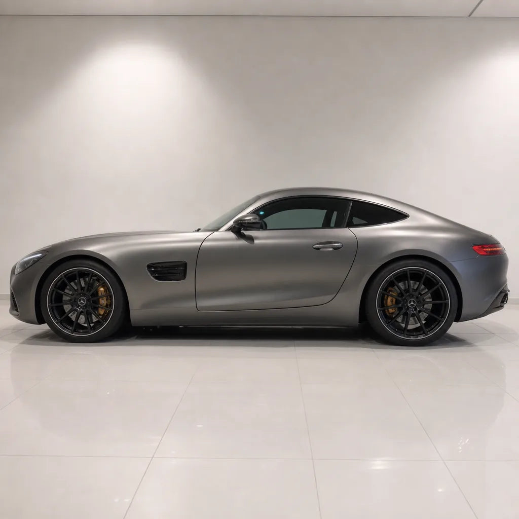 Liquid Metallic Silver satin colored PPF wrapped on a Mercedes-AMG GT side profile | Veloro