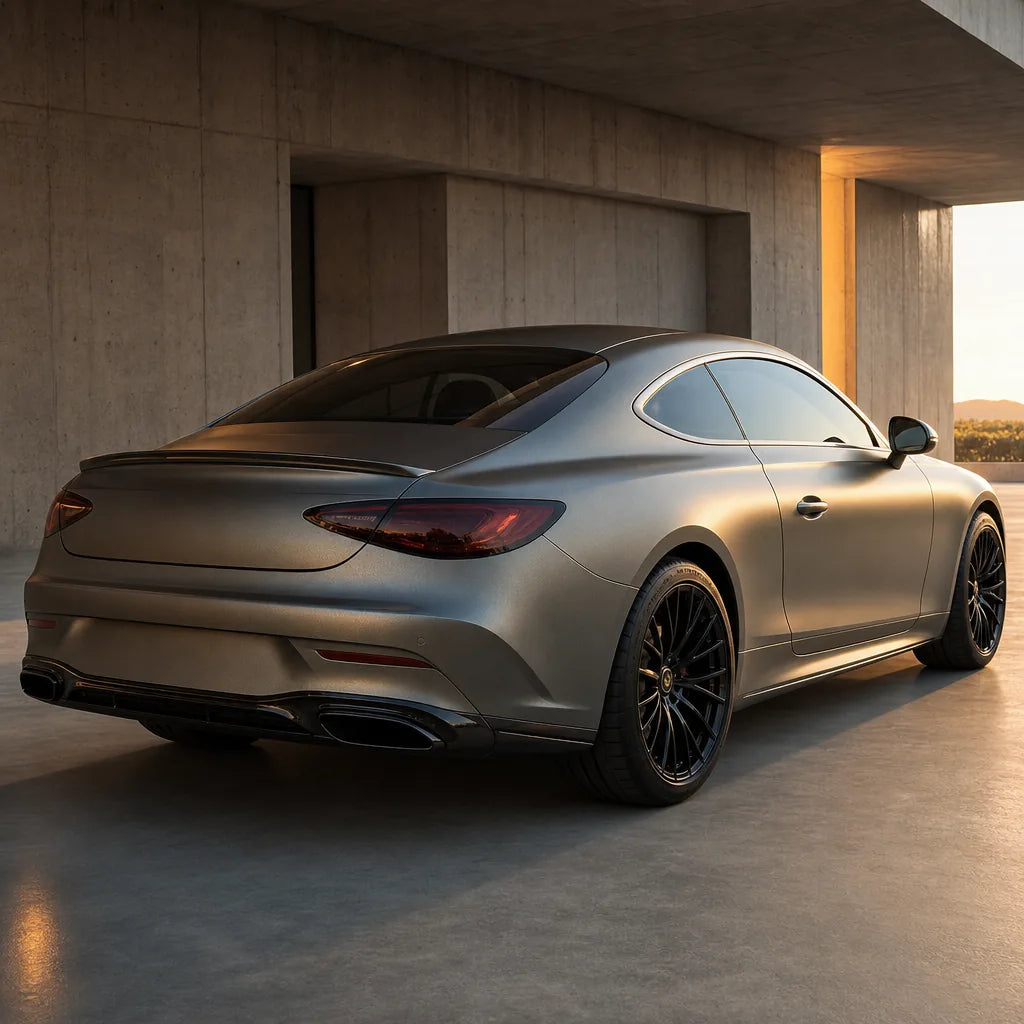 Luxury car wrapped in Metallic DBX Purple satin colored PPF at golden hour | Veloro