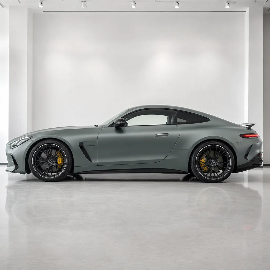 Nardo Grey satin colored PPF wrapped on a Mercedes-AMG GT side profile | Veloro