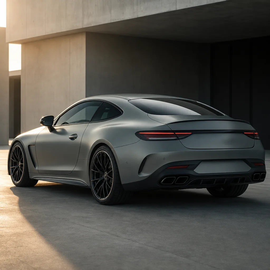 Luxury car wrapped in Nardo Grey satin colored PPF at golden hour | Veloro