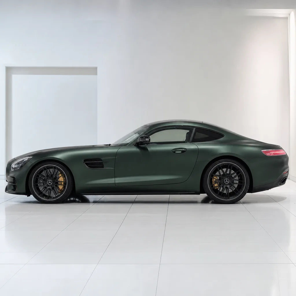 Olive Green satin colored PPF wrapped on a Mercedes-AMG GT side profile | Veloro