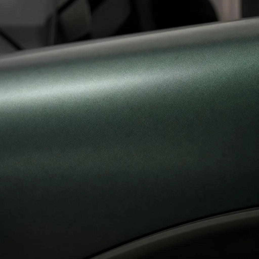 Close-up of Olive Green satin colored PPF surface texture | Veloro