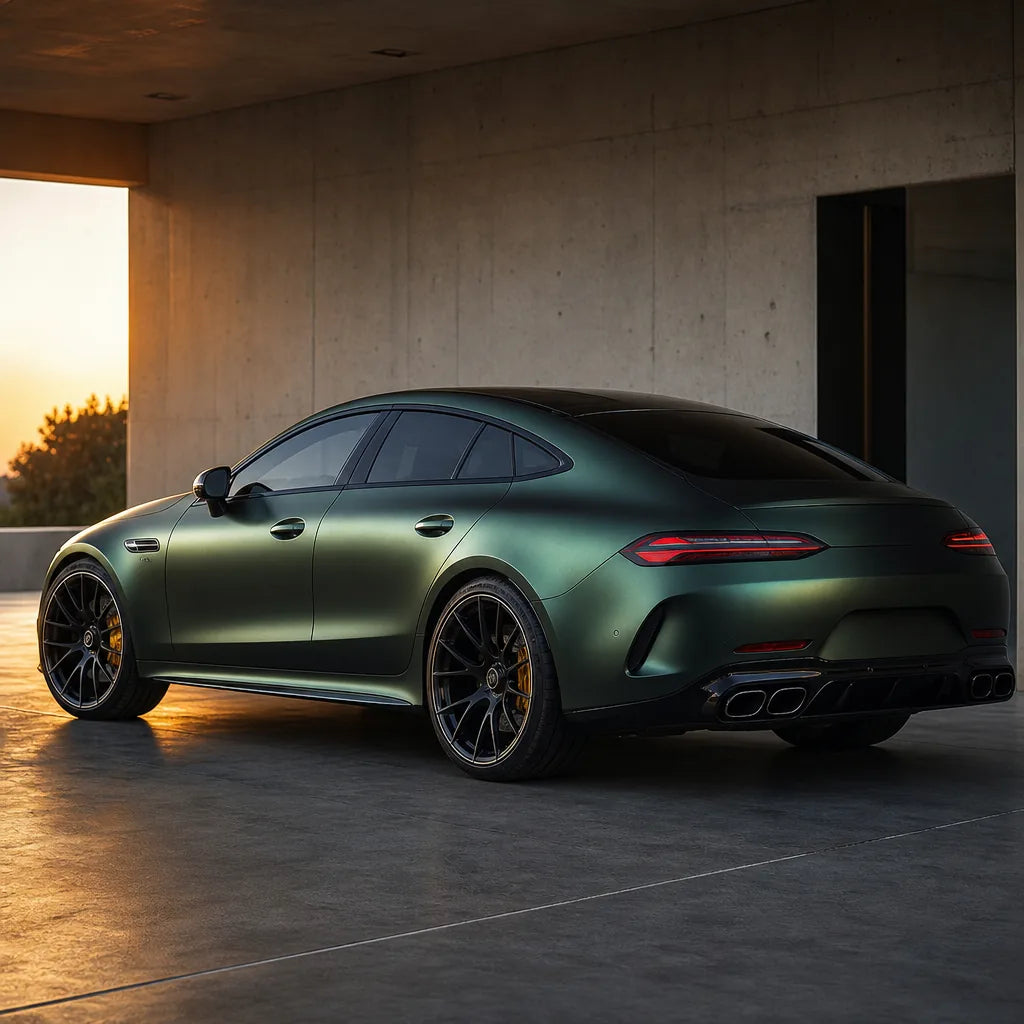 Luxury car wrapped in Olive Green satin colored PPF at golden hour | Veloro