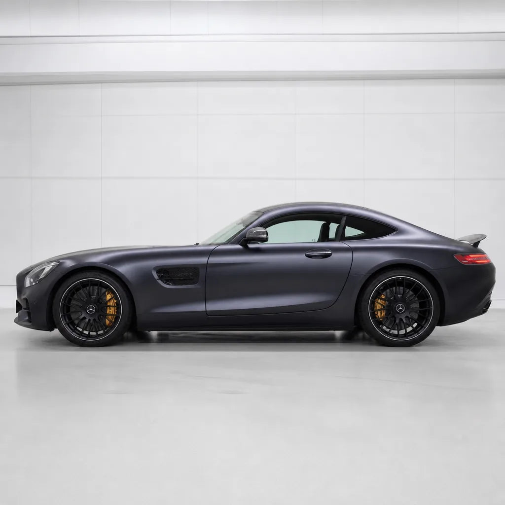Racing Blue satin colored PPF wrapped on a Mercedes-AMG GT side profile | Veloro