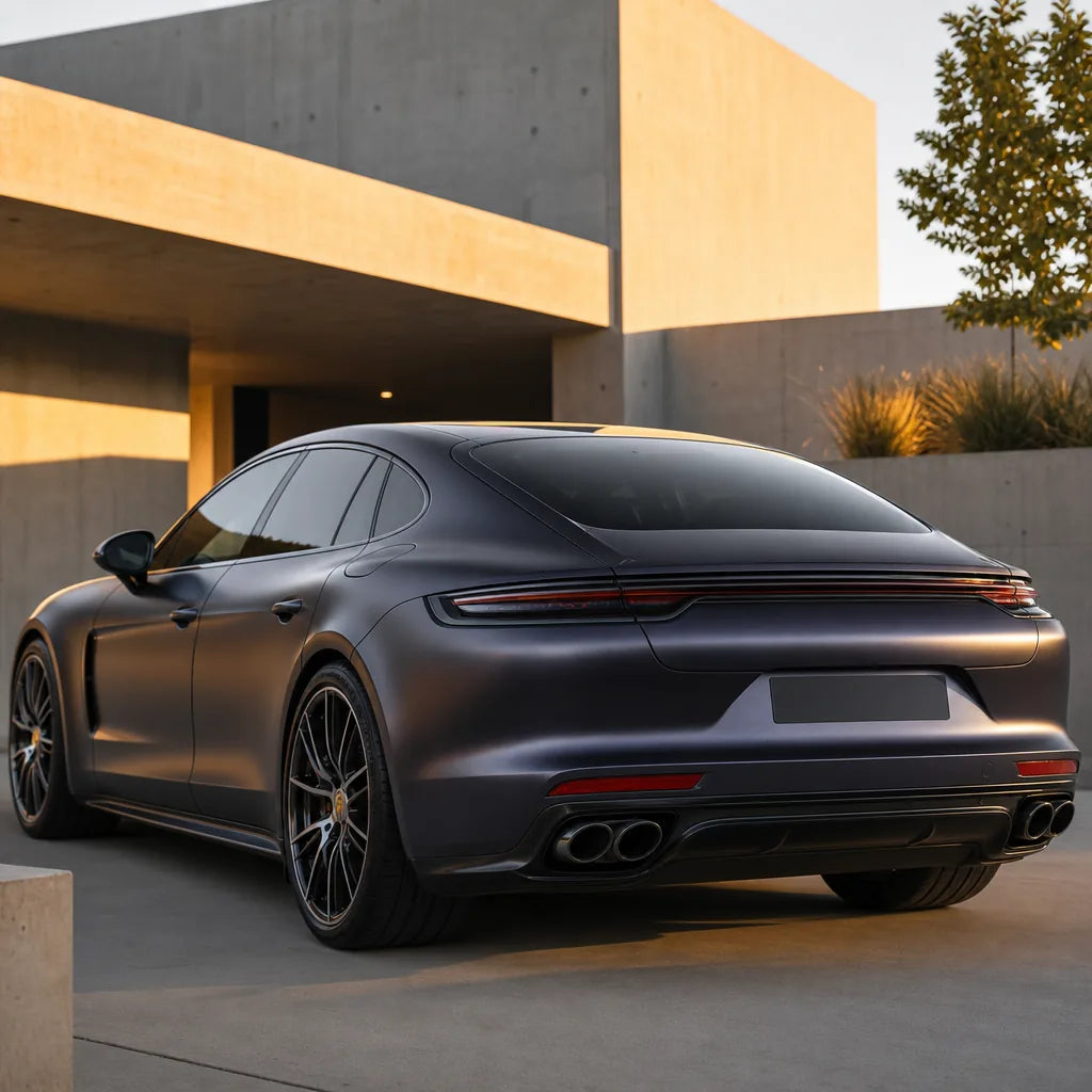 Luxury car wrapped in Racing Blue satin colored PPF at golden hour | Veloro