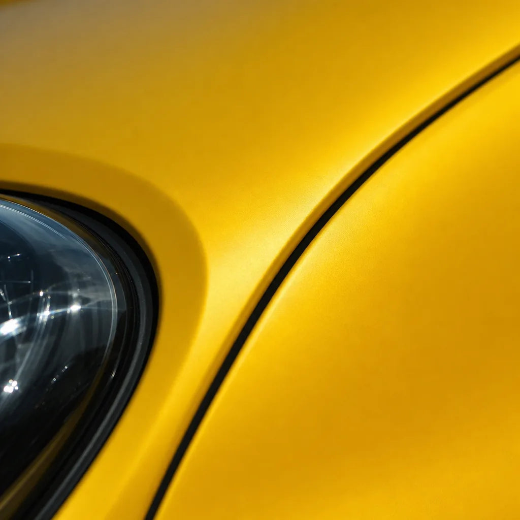 Close-up of Racing Yellow satin colored PPF surface texture | Veloro