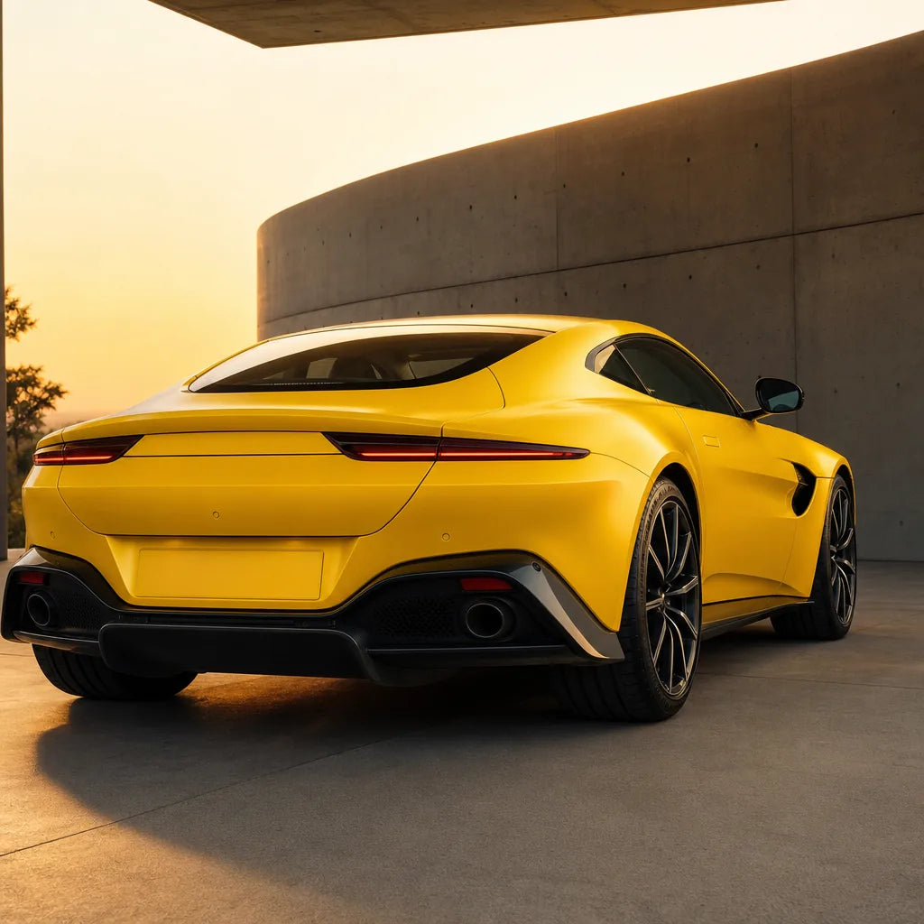 Luxury car wrapped in Racing Yellow satin colored PPF at golden hour | Veloro