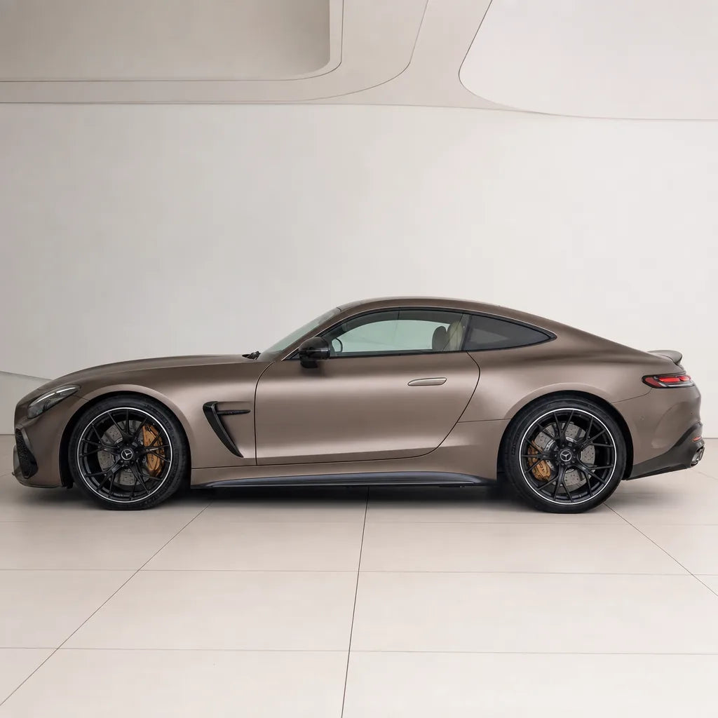 Rose Gold satin colored PPF wrapped on a Mercedes-AMG GT side profile | Veloro