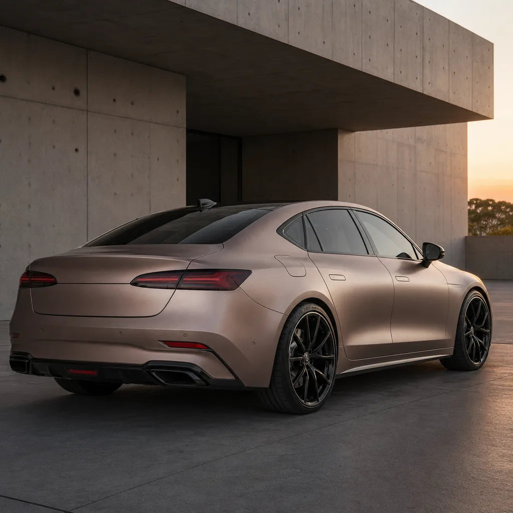 Luxury car wrapped in Rose Gold satin colored PPF at golden hour | Veloro