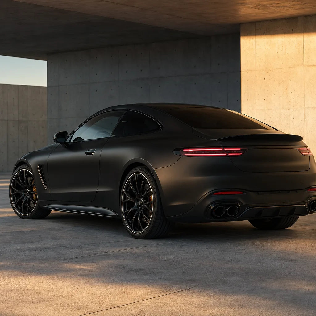Luxury car wrapped in Stealth Black satin colored PPF at golden hour | Veloro