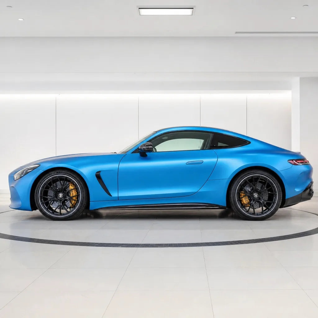 Tunisian Blue satin colored PPF wrapped on a Mercedes-AMG GT side profile | Veloro