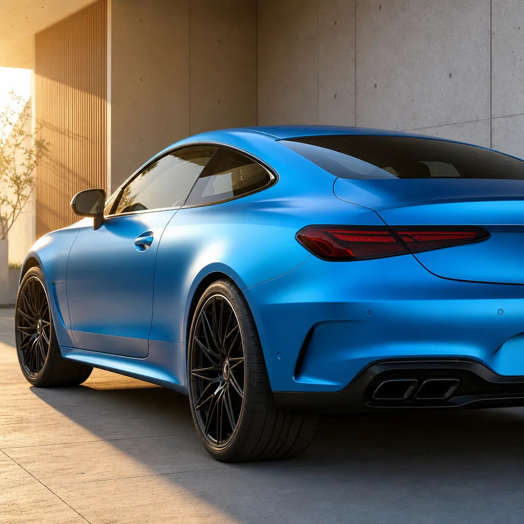 Luxury car wrapped in Tunisian Blue satin colored PPF at golden hour | Veloro