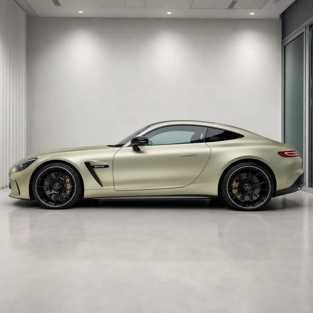 Twilight Gold satin colored PPF wrapped on a Mercedes-AMG GT side profile | Veloro