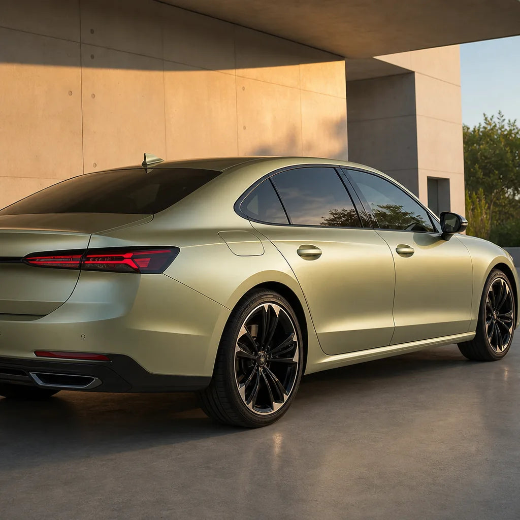 Luxury car wrapped in Twilight Gold satin colored PPF at golden hour | Veloro