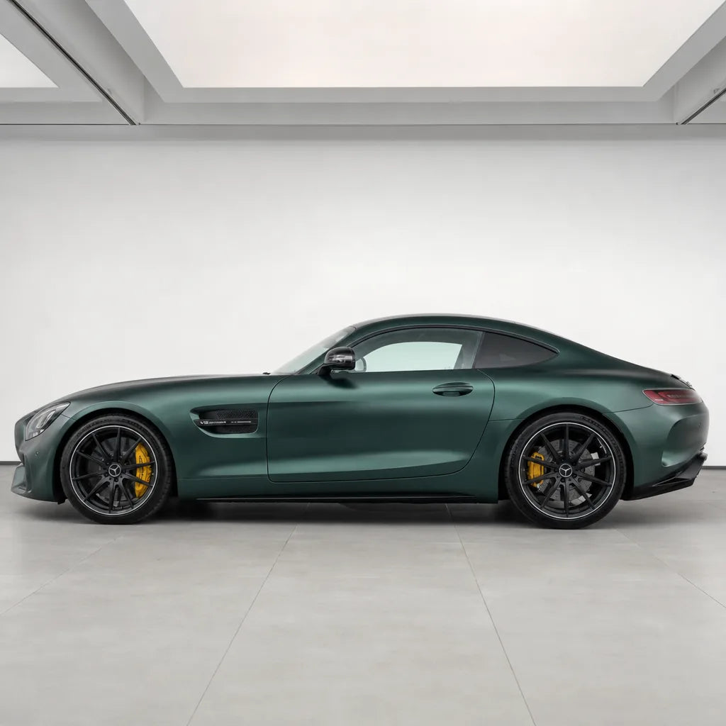 Venom Green satin colored PPF wrapped on a Mercedes-AMG GT side profile | Veloro