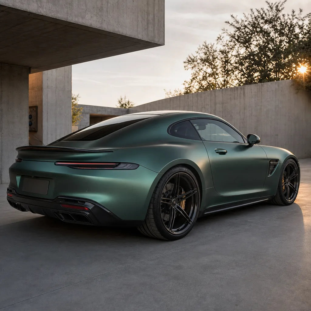 Luxury car wrapped in Venom Green satin colored PPF at golden hour | Veloro