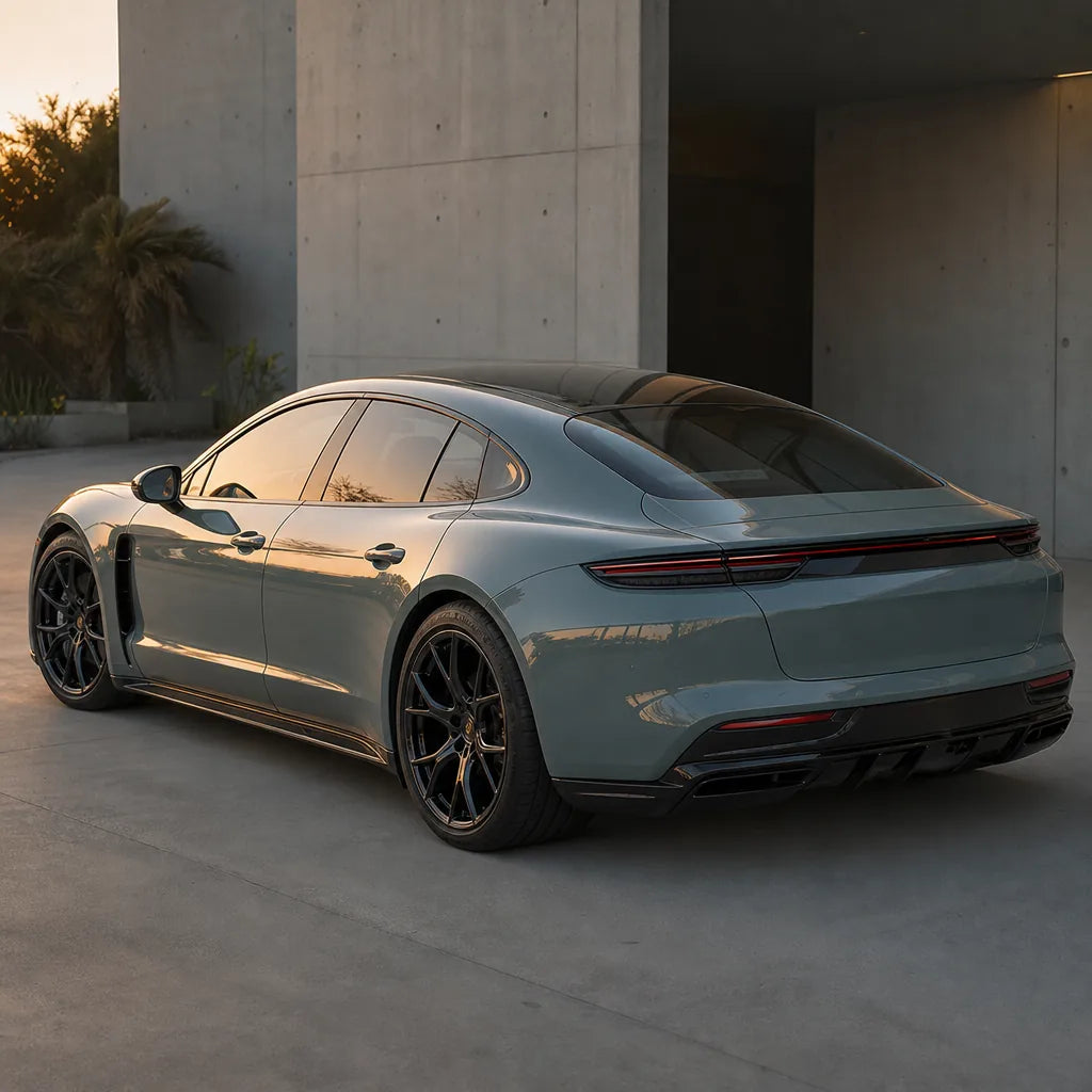 Luxury car wrapped in Super Autumn Blue Color PPF gloss colored PPF at golden hour | Veloro