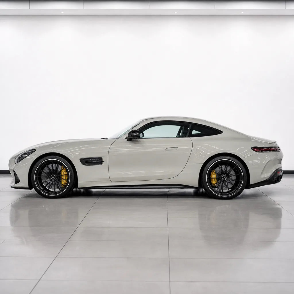 Super Jade White Color PPF gloss colored PPF wrapped on a Mercedes-AMG GT side profile | Veloro