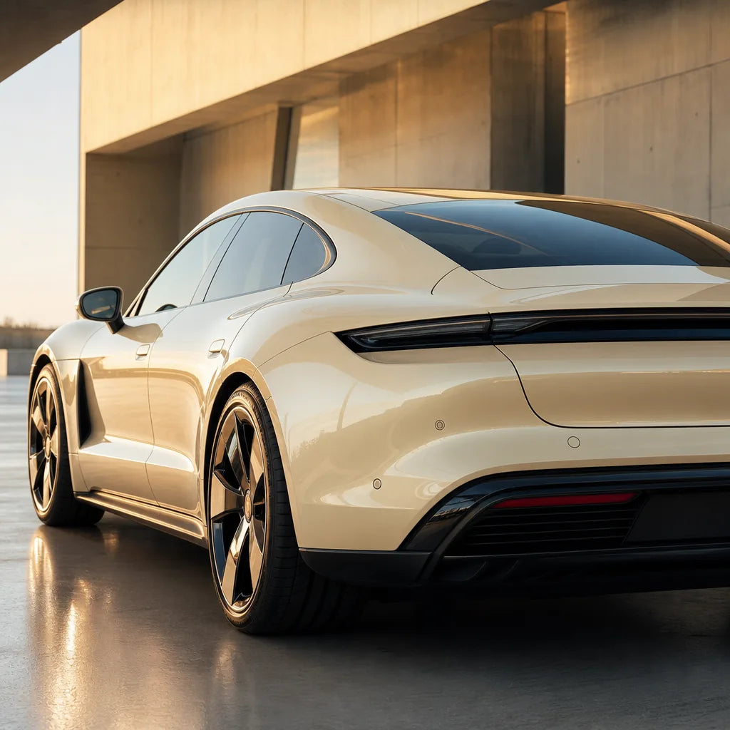 Luxury car wrapped in Transparent Green Diamond gloss colored PPF at golden hour | Veloro