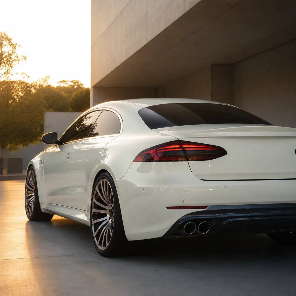 Luxury car wrapped in Transparent Silver Diamond gloss colored PPF at golden hour | Veloro