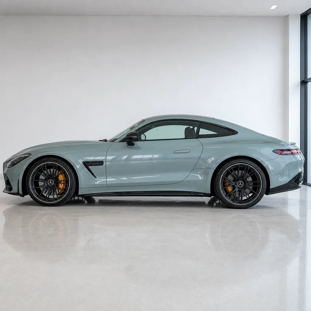 Ultimate Flat Battleship Grey gloss colored PPF wrapped on a Mercedes-AMG GT side profile | Veloro