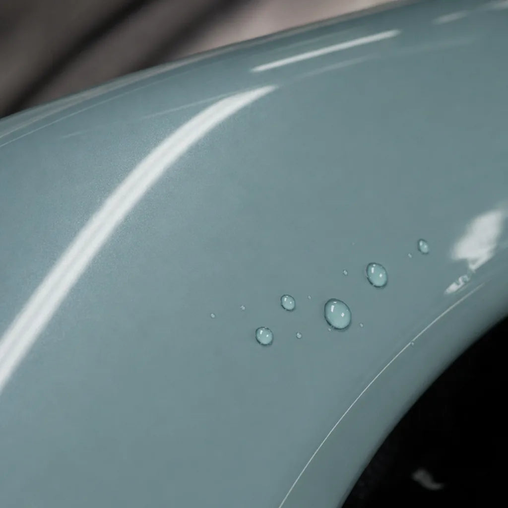 Close-up of Ultimate Flat Battleship Grey gloss colored PPF surface texture | Veloro
