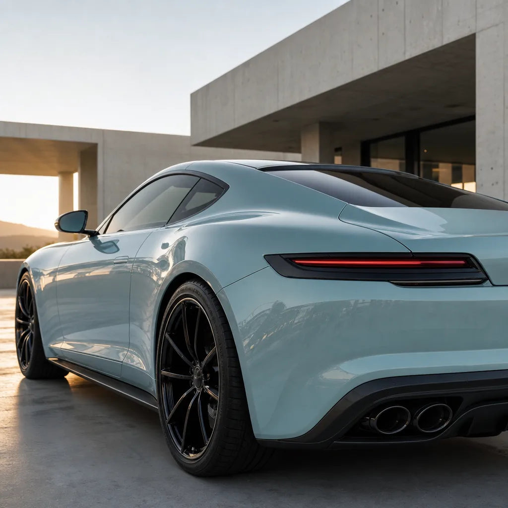Luxury car wrapped in Ultimate Flat Battleship Grey gloss colored PPF at golden hour | Veloro