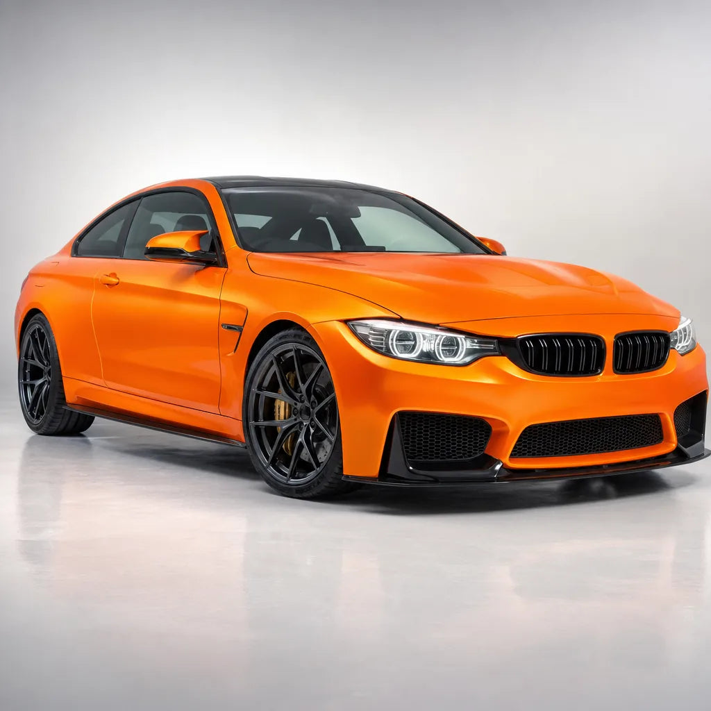 Ultimate Flat Gold Orange gloss colored PPF wrapped on a BMW M4 | Veloro