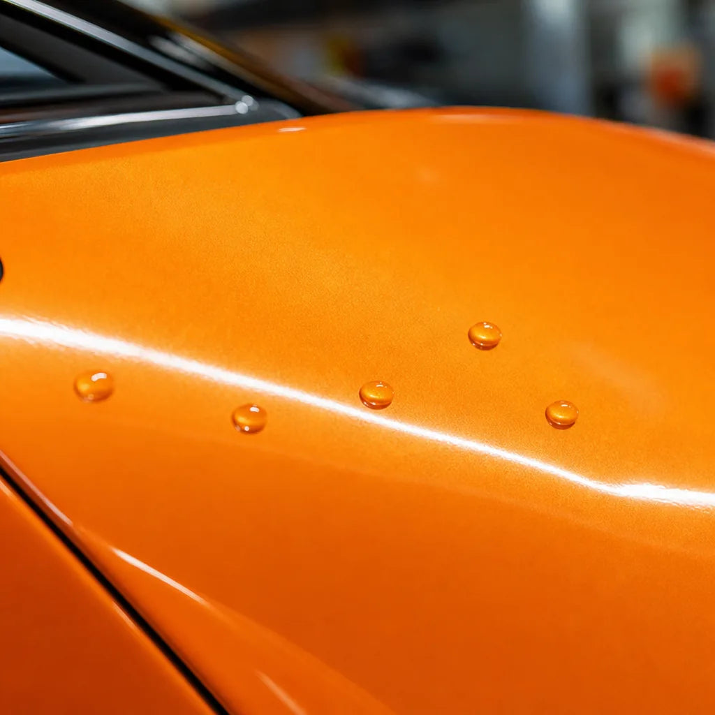 Close-up of Ultimate Flat Gold Orange gloss colored PPF surface texture | Veloro