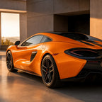 Luxury car wrapped in Ultimate Flat Gold Orange gloss colored PPF at golden hour | Veloro