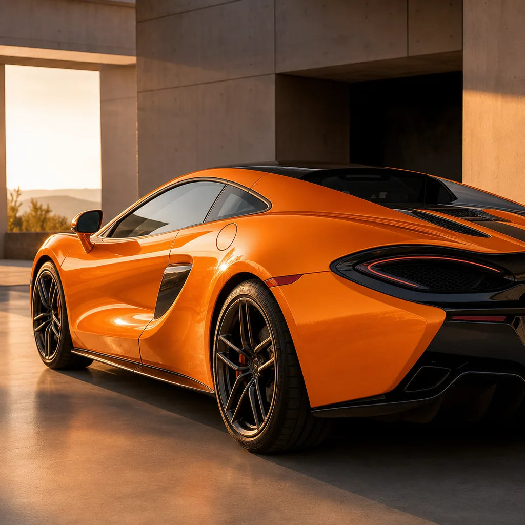 Luxury car wrapped in Ultimate Flat Gold Orange gloss colored PPF at golden hour | Veloro