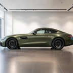 Ultimate Flat Liquid Military Green gloss colored PPF wrapped on a Mercedes-AMG GT side profile | Veloro