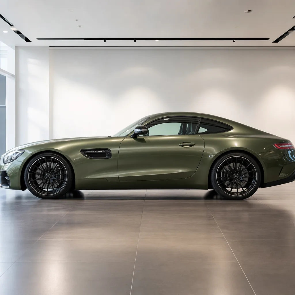 Ultimate Flat Liquid Military Green gloss colored PPF wrapped on a Mercedes-AMG GT side profile | Veloro