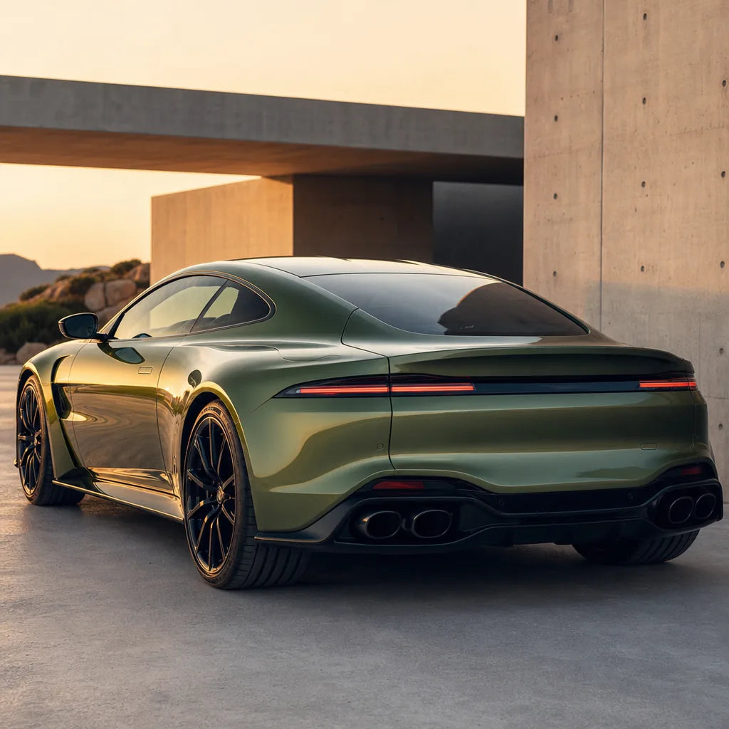 Luxury car wrapped in Ultimate Flat Liquid Military Green gloss colored PPF at golden hour | Veloro