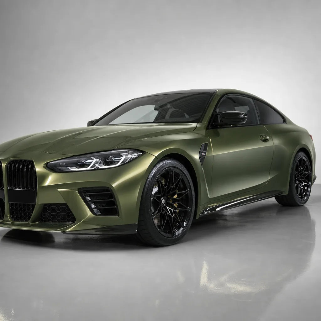 Ultimate Flat Military Green gloss colored PPF wrapped on a BMW M4 | Veloro