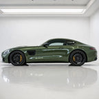 Ultimate Flat Military Green gloss colored PPF wrapped on a Mercedes-AMG GT side profile | Veloro