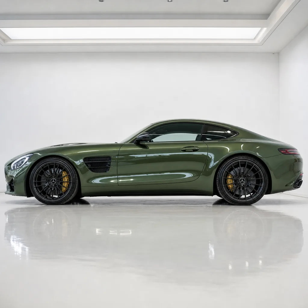 Ultimate Flat Military Green gloss colored PPF wrapped on a Mercedes-AMG GT side profile | Veloro