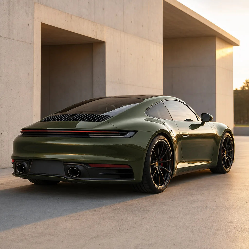 Luxury car wrapped in Ultimate Flat Military Green gloss colored PPF at golden hour | Veloro