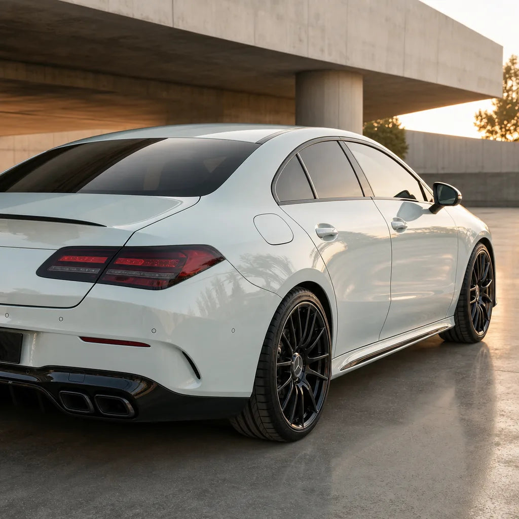 Luxury car wrapped in Ultimate Flat Mineral White gloss colored PPF at golden hour | Veloro