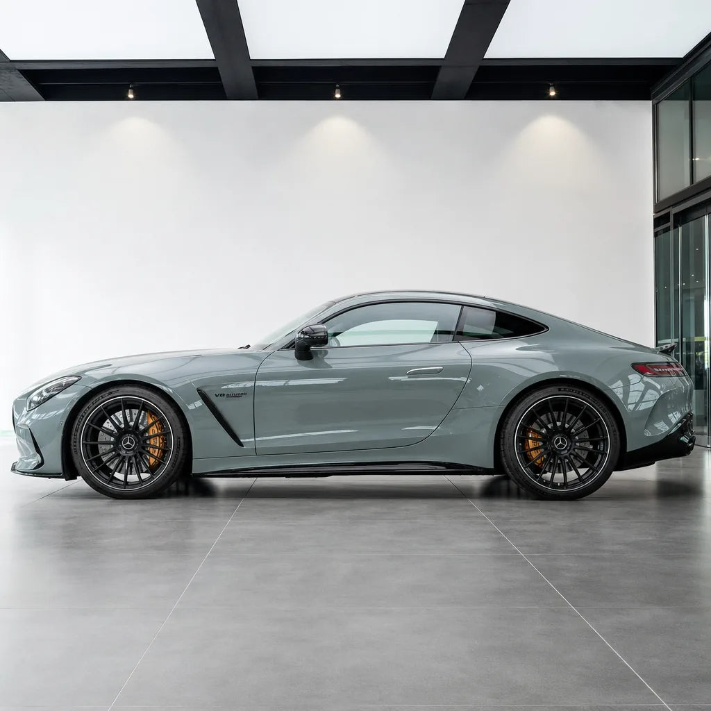 Ultimate Flat Shark Grey gloss colored PPF wrapped on a Mercedes-AMG GT side profile | Veloro