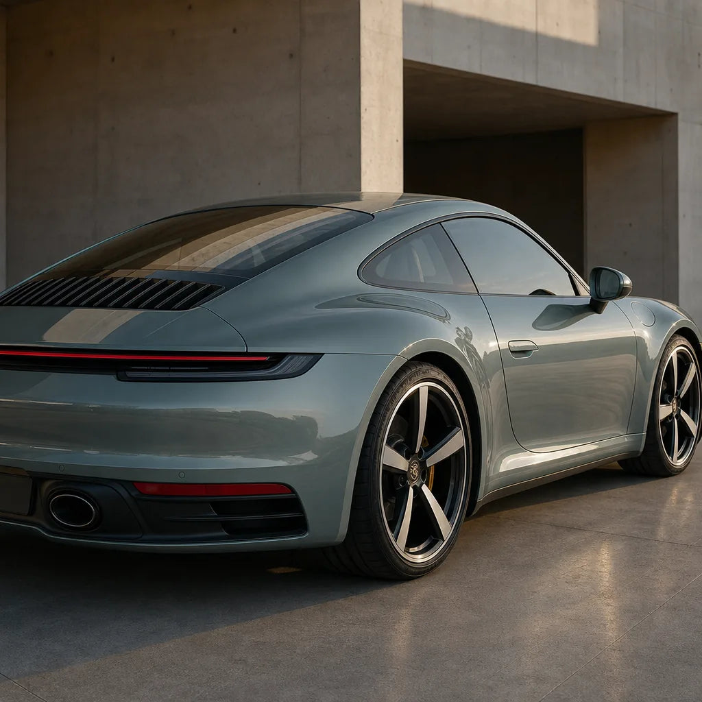 Luxury car wrapped in Ultimate Flat Shark Grey gloss colored PPF at golden hour | Veloro