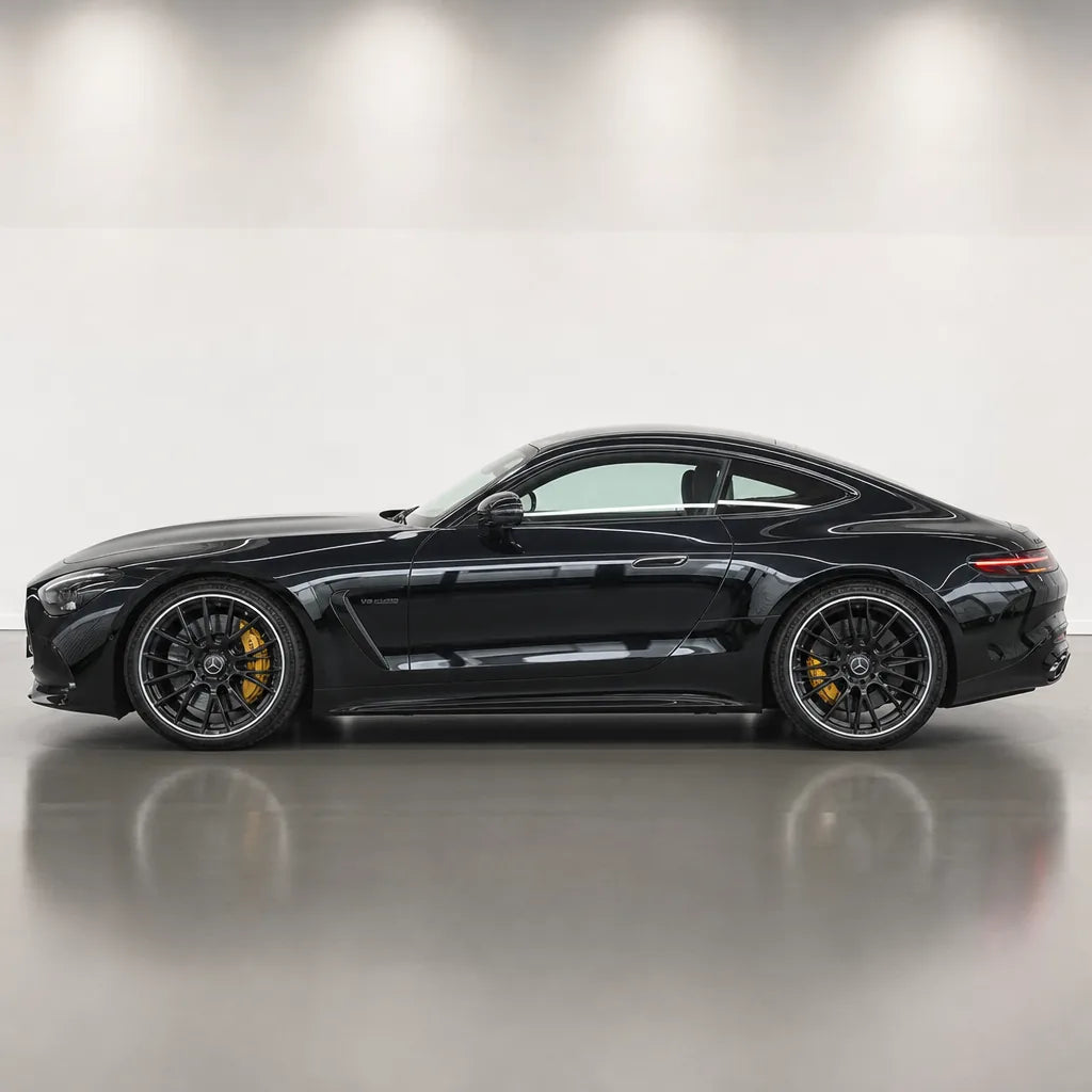 Ultra Black gloss colored PPF wrapped on a Mercedes-AMG GT side profile | Veloro