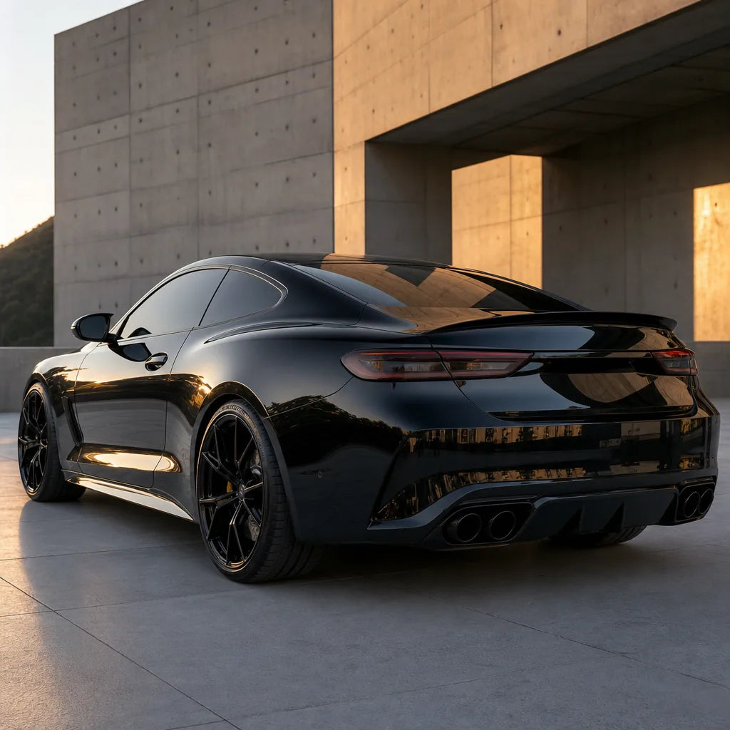Luxury car wrapped in Ultra Black gloss colored PPF at golden hour | Veloro