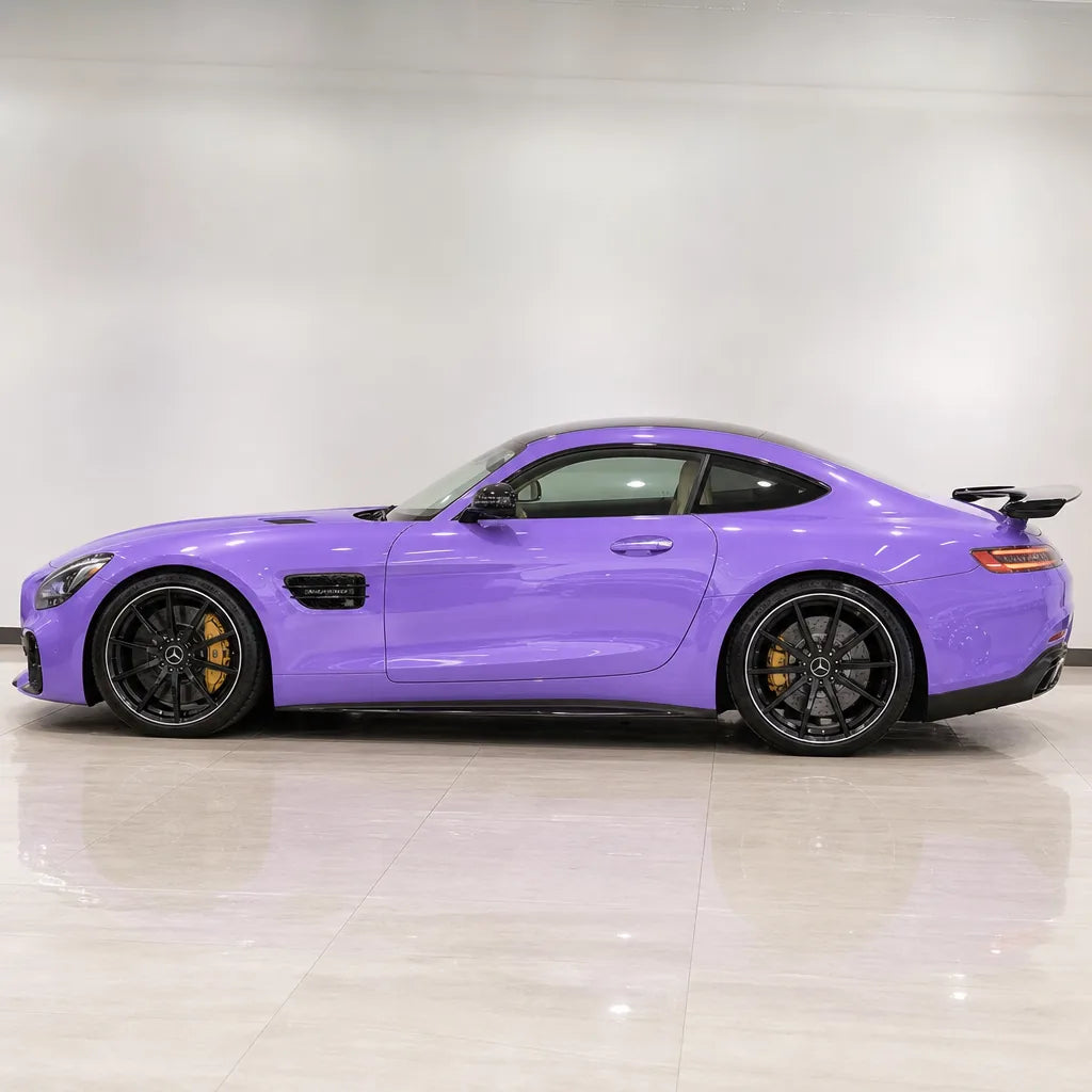 Ultra Lavender Purple Color PPF gloss colored PPF wrapped on a Mercedes-AMG GT side profile | Veloro